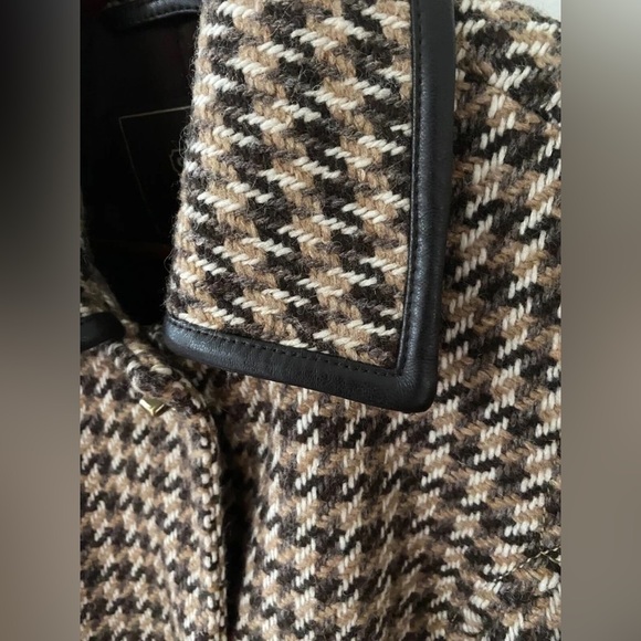 Vintage COACH Wool Houndstooth Coat with Leather Trim Tan Brown Cream Women's M - Picture 4 of 6